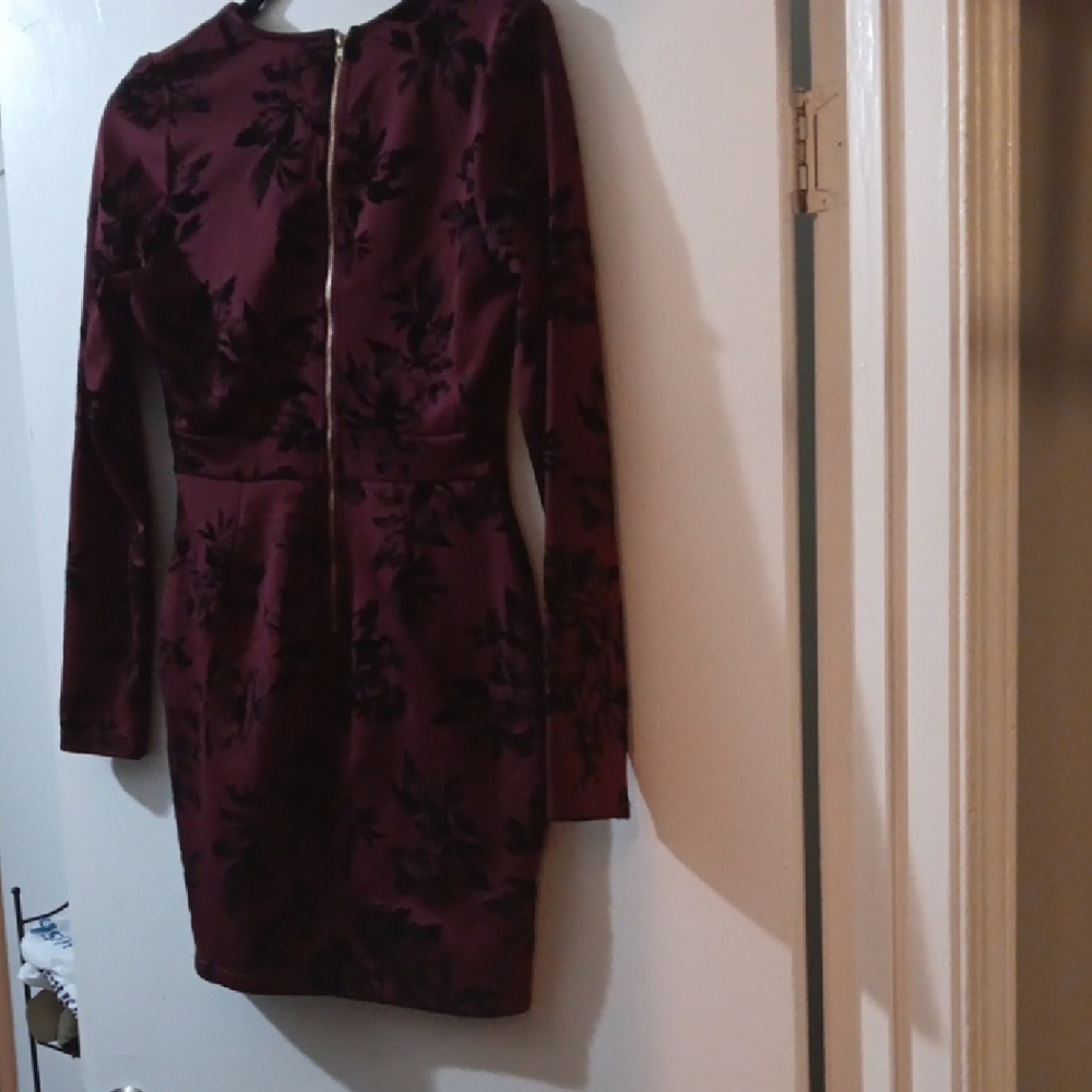 Burgundy Long Sleeve Japanese Vneck Floral Dress